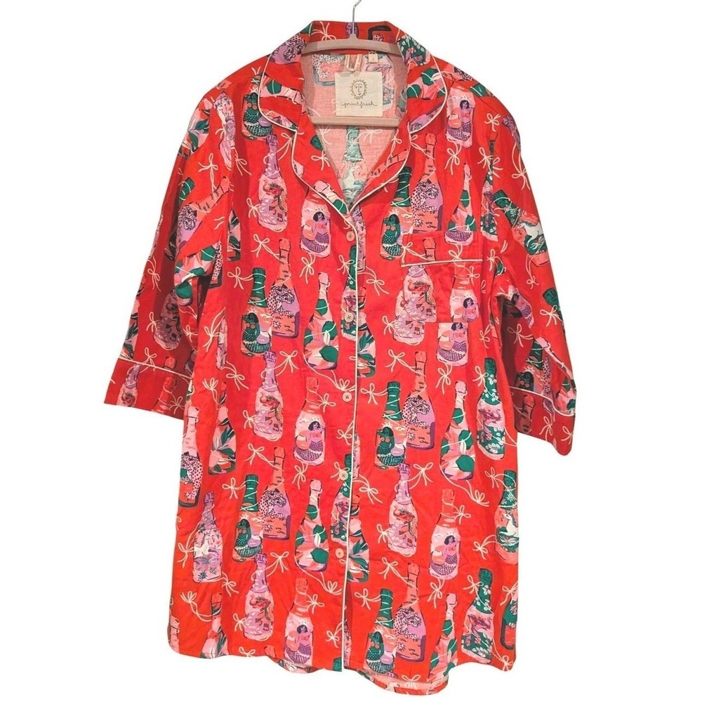Printfresh Sleep Shirt‎ S Red Champagne Mermaid Organic Cotton Nightgown Pockets